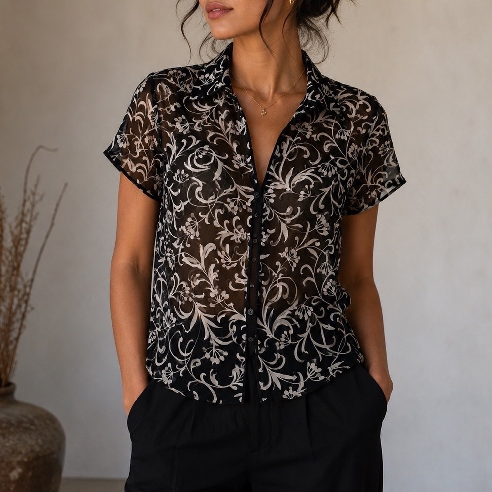 New York City Design Co Silk Blouse Black White Floral Sheer Button Down XL i3